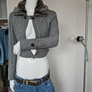 Gray Cable Knit Sweater with Faux Fur Collar